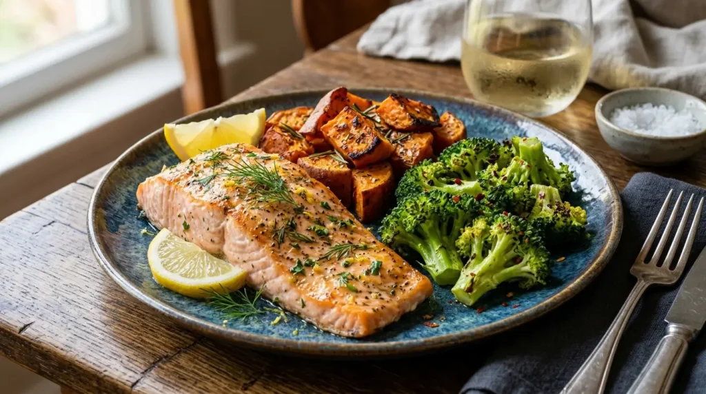Baked salmon dinner plate supporting muscle recovery