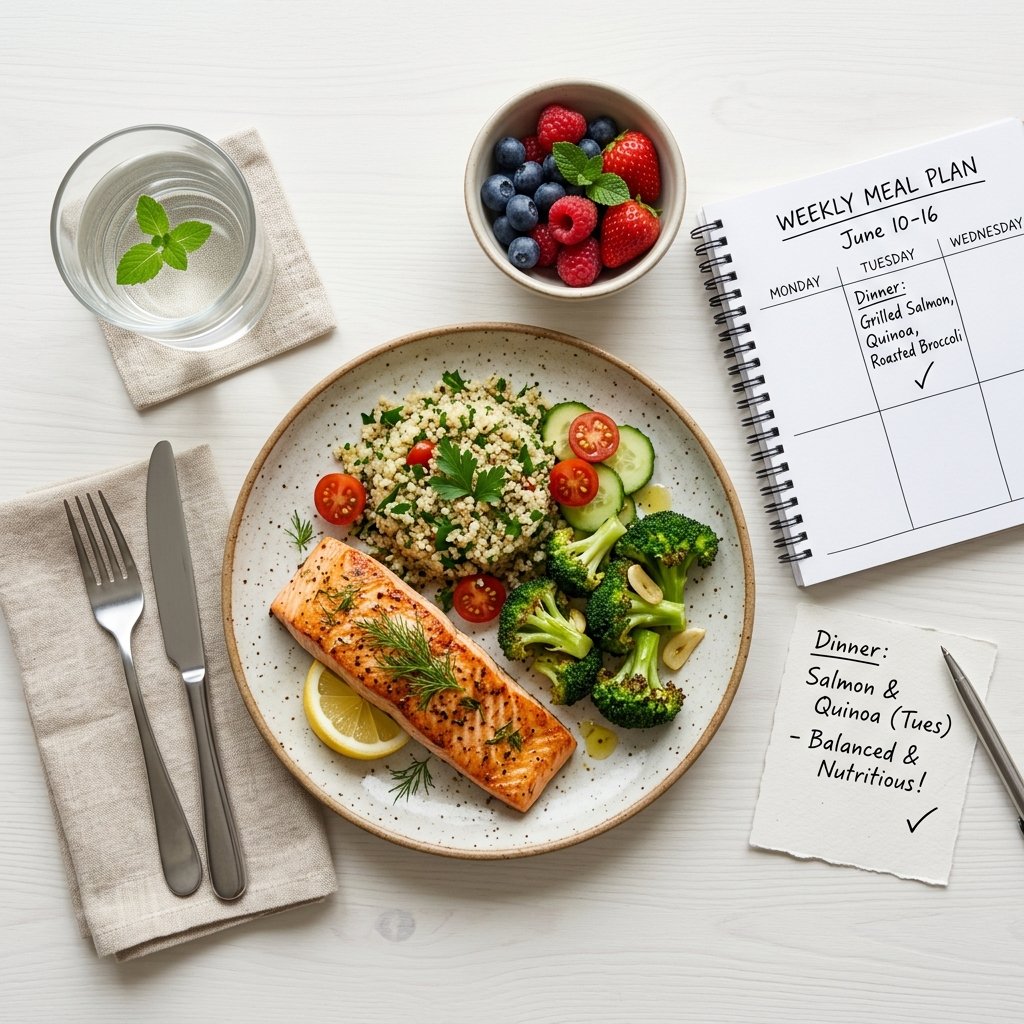 Balanced meal plate with salmon, quinoa, and vegetables beside a weekly meal planner for simple nutrition habits