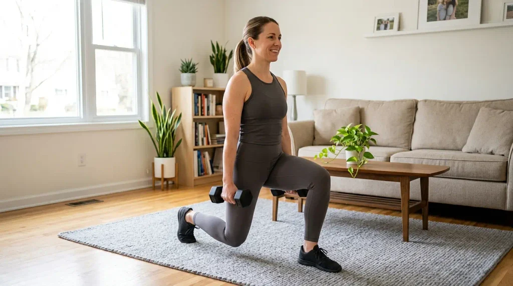 Beginner doing reverse lunges for a 3 day a week full body workout at home