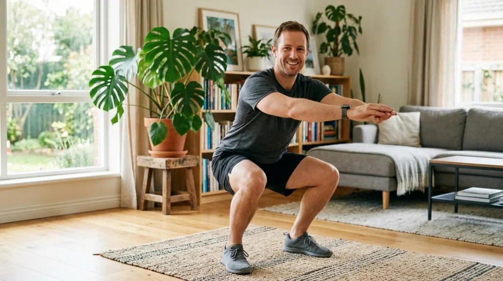 Beginner performing a bodyweight squat as part of a full body workout warm-up