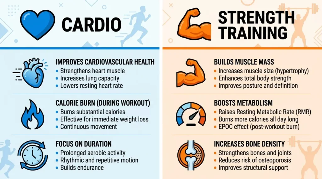 Cardio Versus Strength Training infographic — side-by-side differences in calorie burn, endurance, muscle benefits and recovery