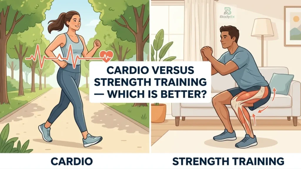 Side-by-side illustration of cardio exercise and strength training with text "Cardio Versus Strength Training"