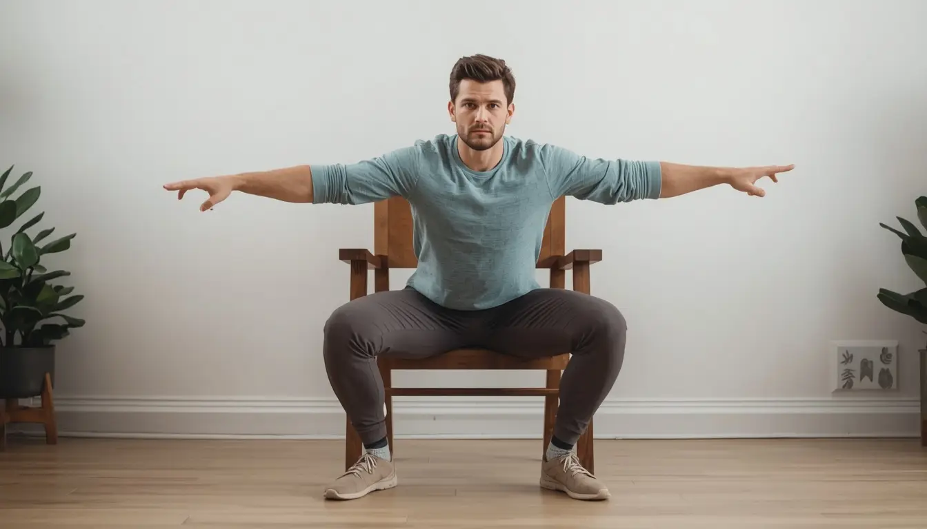 Chair squat demonstration showing start, lower, and stand positions