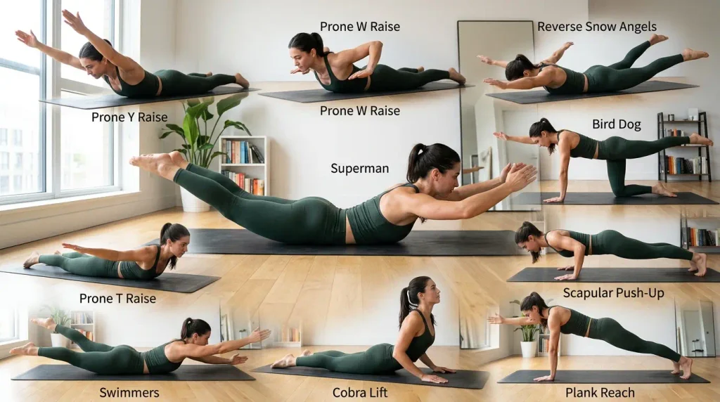 Complete set of back exercises at home without equipment shown in one image