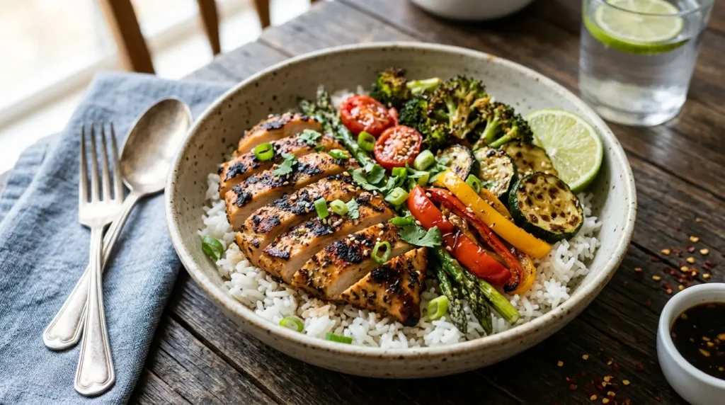 Grilled chicken and rice bowl, a high protein lunch for muscle building