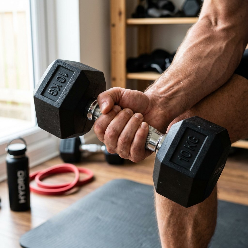 Close-up view of a person gripping a textured dumbbell during a home workout with other fitness gear in the background.