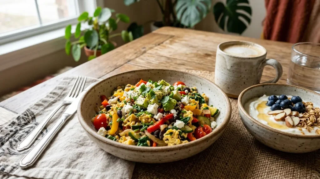 High protein breakfast for muscle gain with eggs and Greek yogurt