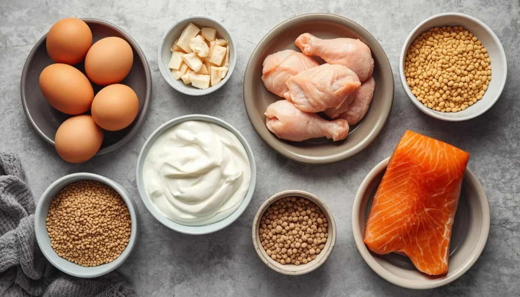 High protein meals for muscle building ingredients laid out on a counter