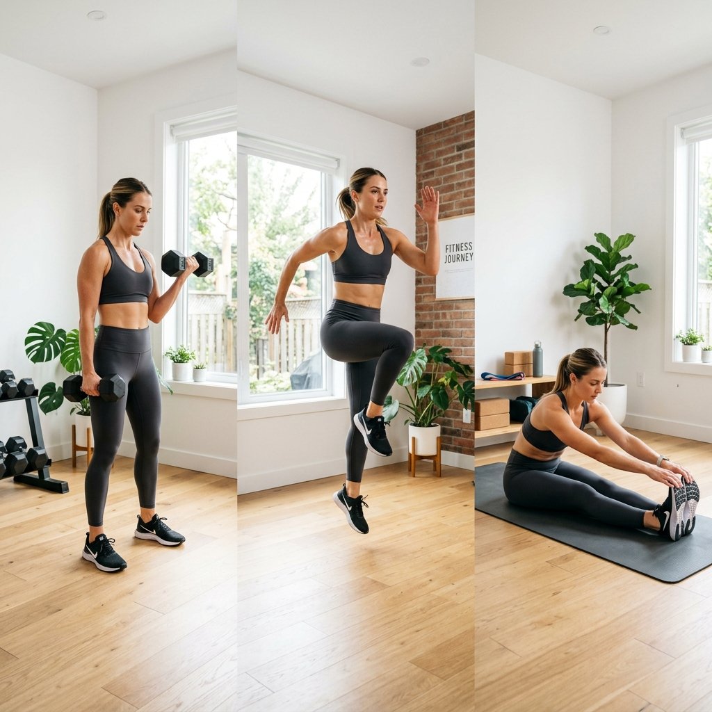 Home gym setup with dumbbells, yoga mat, and resistance band for strength, cardio, and mobility exercises suitable for all fitness levels.