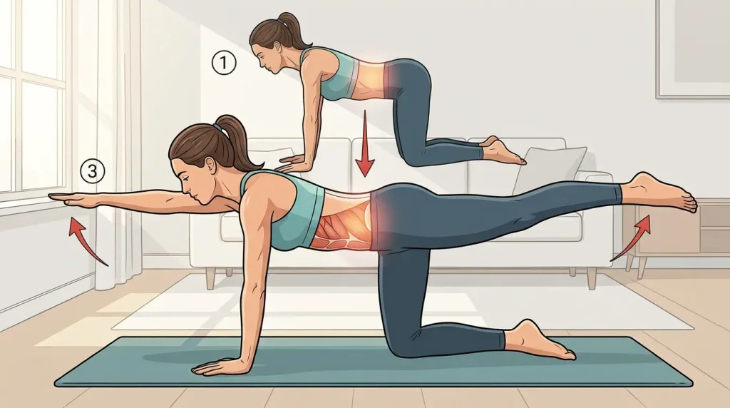 Bird dog exercise for lower back strength in a home back workout

