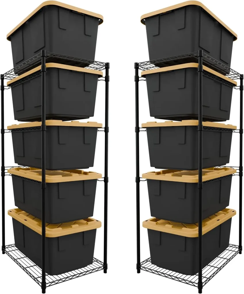 Vertical storage rack keeping home gym equipment organized in a small space
