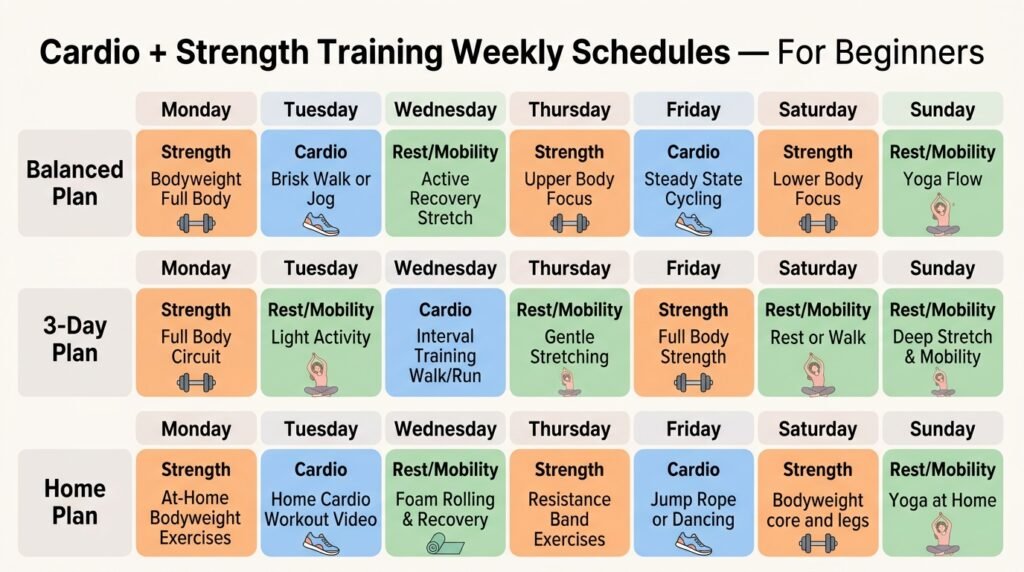 Weekly beginner fitness plan combining cardio and strength training for balanced progress and consistency