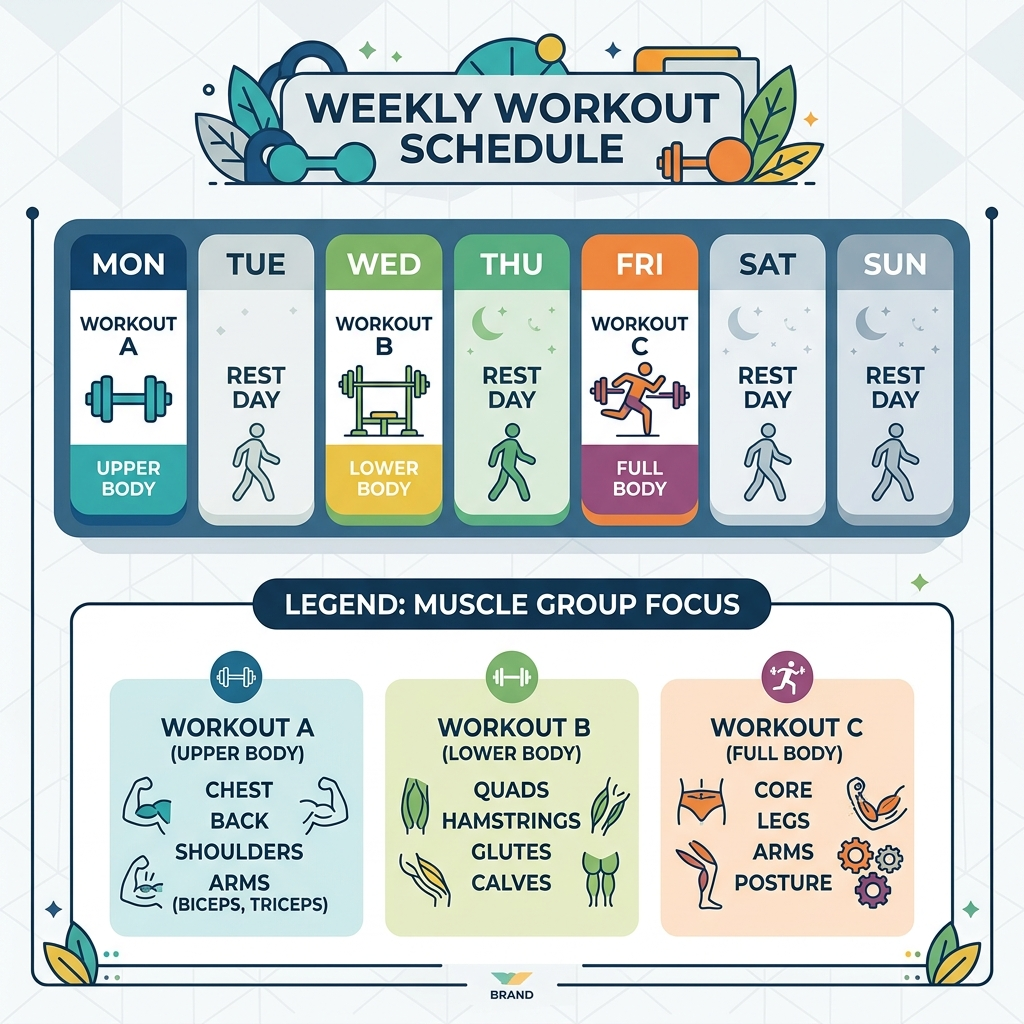 Weekly schedule infographic showing a 3 day full body workout routine spread across nonconsecutive days