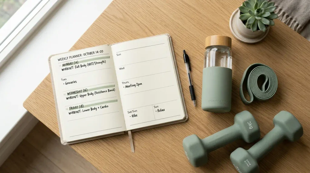 Weekly schedule example for a 3 day full body workout routine with rest days
