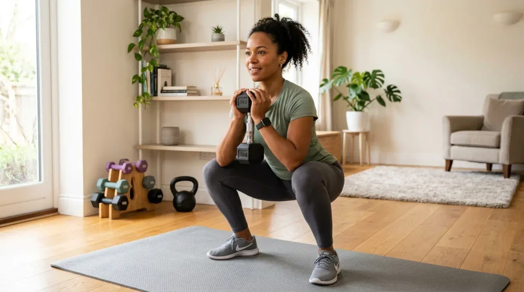 Beginner woman performing a goblet squat as part of a 3 day a week full body workout at home