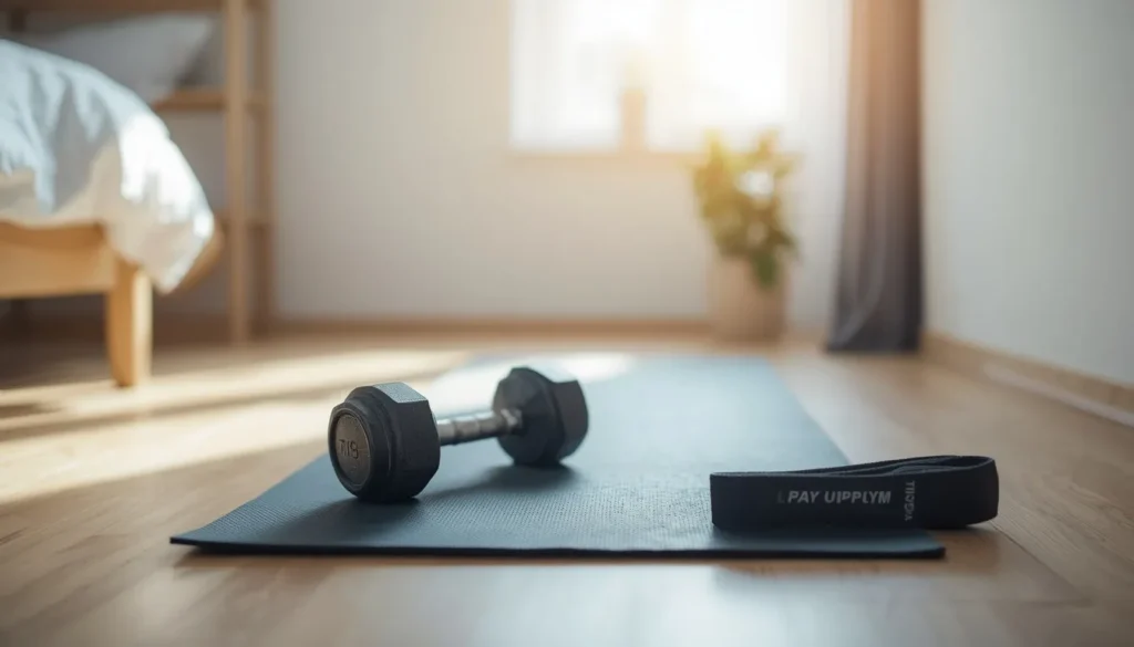 Compact home gym setup in a bedroom corner with dumbbells and a mat