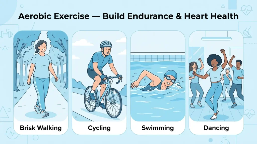 Examples of aerobic exercise — walking, cycling, swimming, dancing — building cardiovascular fitness and endurance
