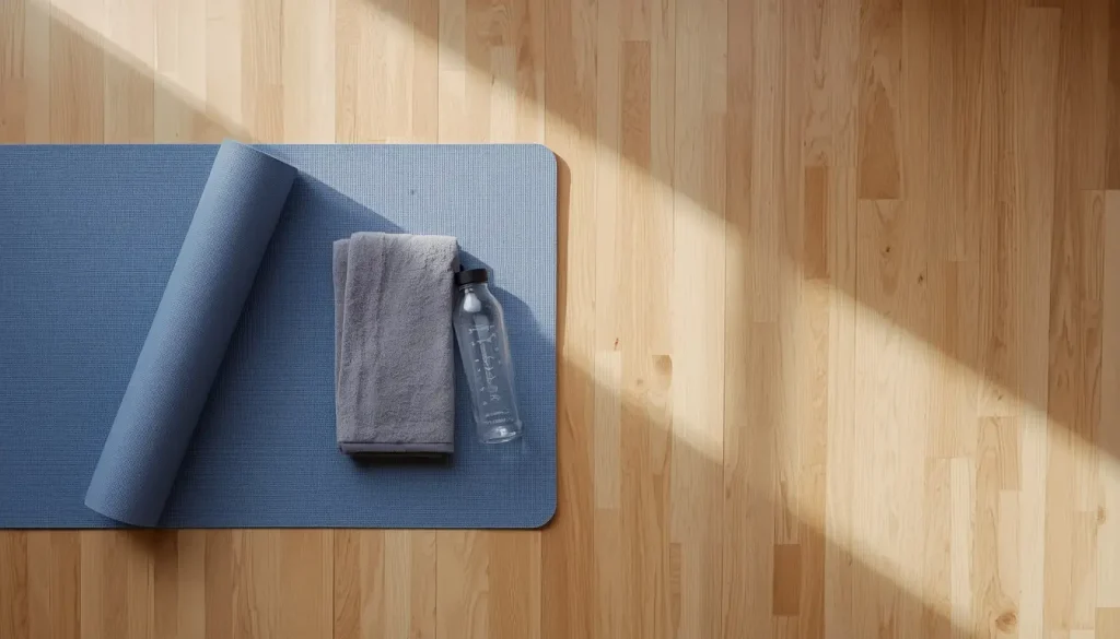Simple home workout setup with a mat and water bottle, no equipment needed
