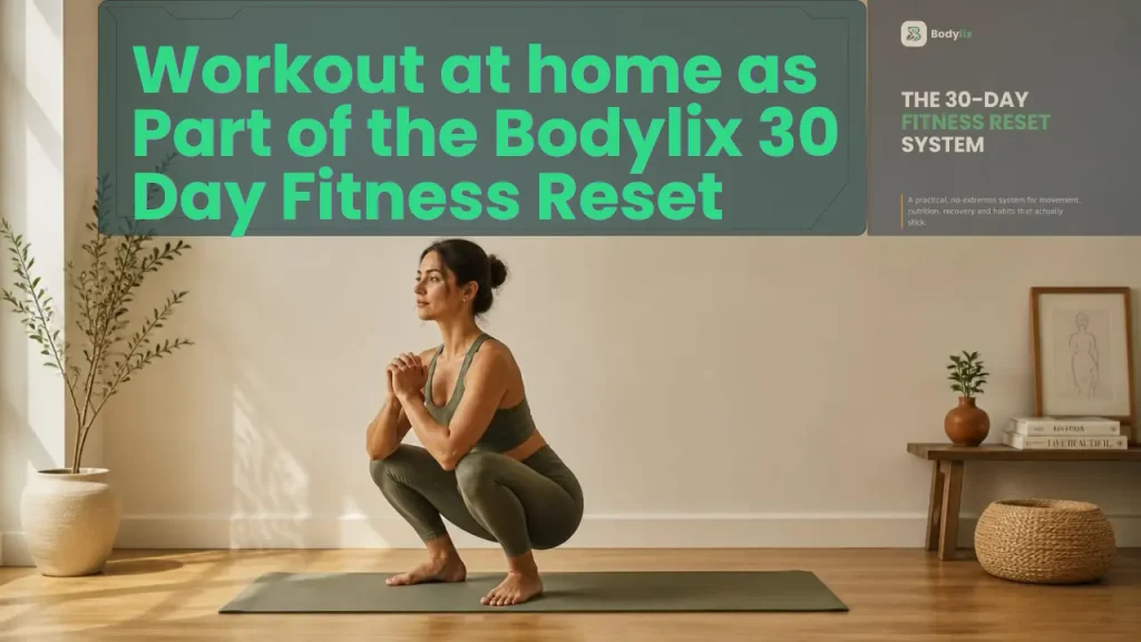 Person doing a bodyweight workout at home as part of the Bodylix 30 Day Fitness Reset