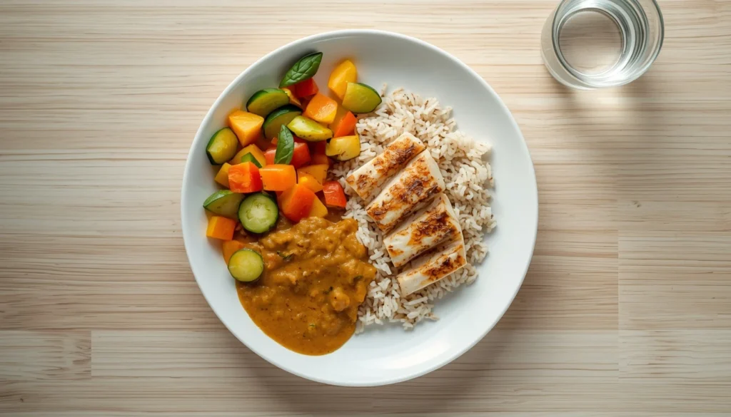 "Balanced diabetic-friendly plate with grilled fish, vegetables, lentils and a small portion of brown rice"