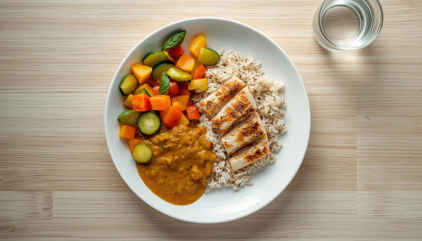 Balanced diabetic-friendly plate with grilled fish, vegetables, lentils and a small portion of brown rice