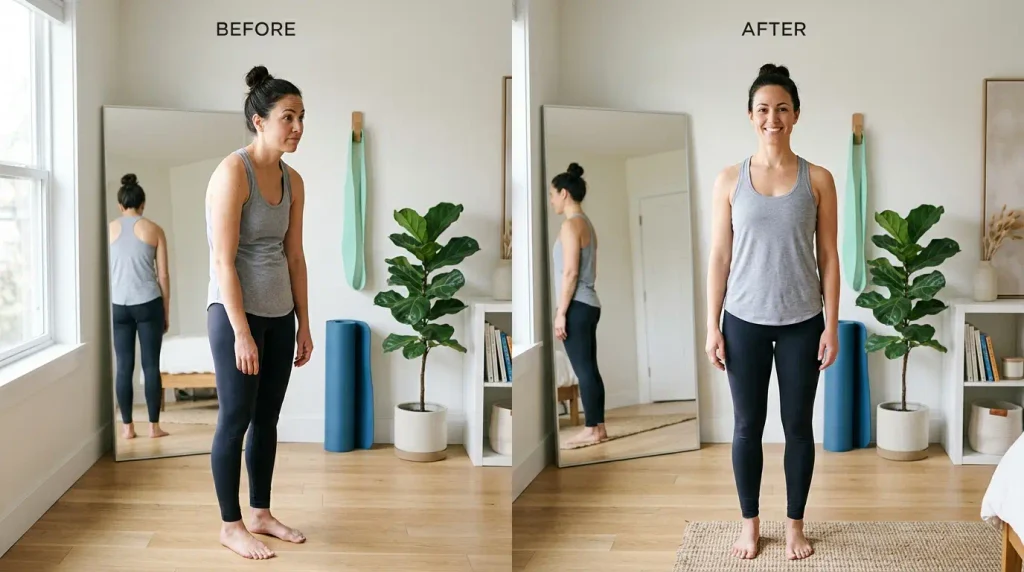 Adult comparing rounded shoulders with a more comfortable upright posture beside a mirror.