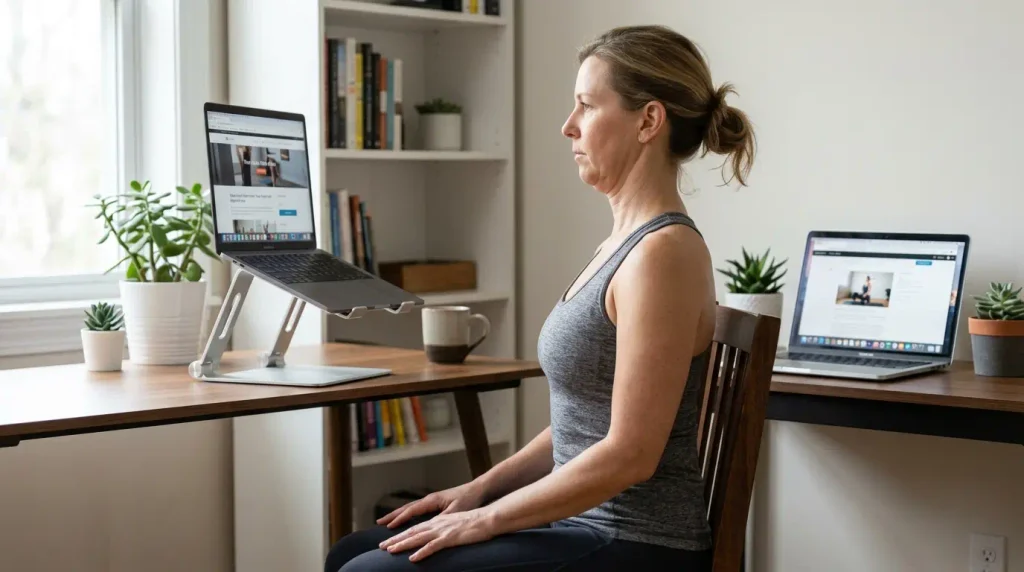 Adult seated upright performing a gentle chin tuck to improve forward-head posture