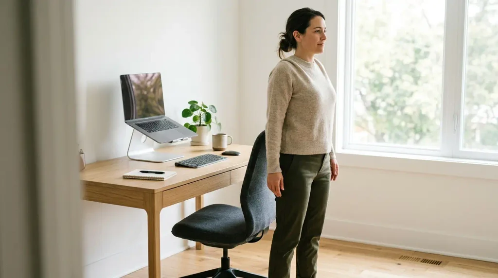 Adult taking a movement break beside a home office desk with a laptop positioned near eye level.