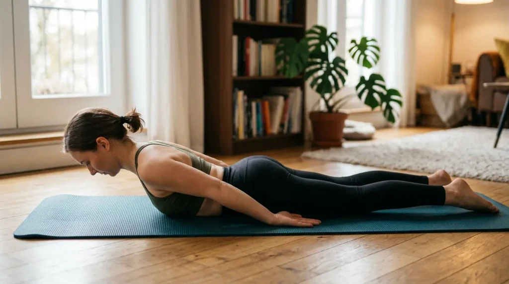 Adult lying face down on a yoga mat while performing a prone cobra upper-back strengthening exercise.