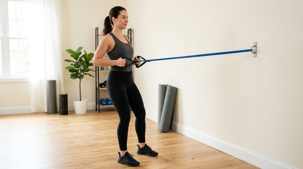 Adult performing a resistance-band row while pulling the band toward the ribs with controlled form