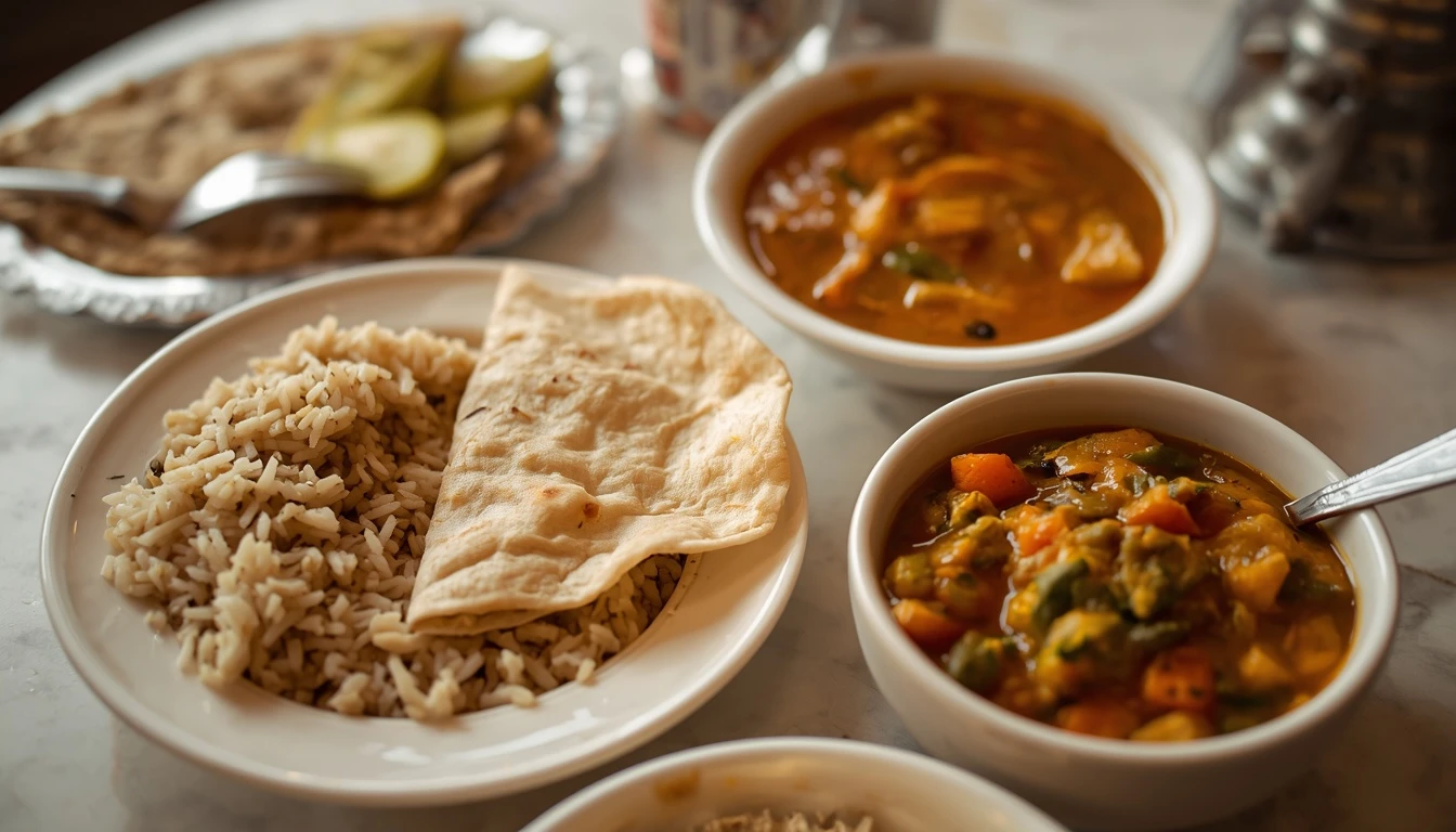 Small portions of brown rice and whole-wheat roti served with dal and mixed vegetable curry