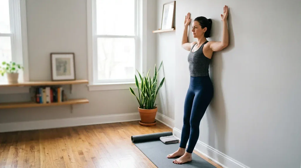 Adult performing wall slides with bent arms against a wall to improve shoulder mobility and posture.