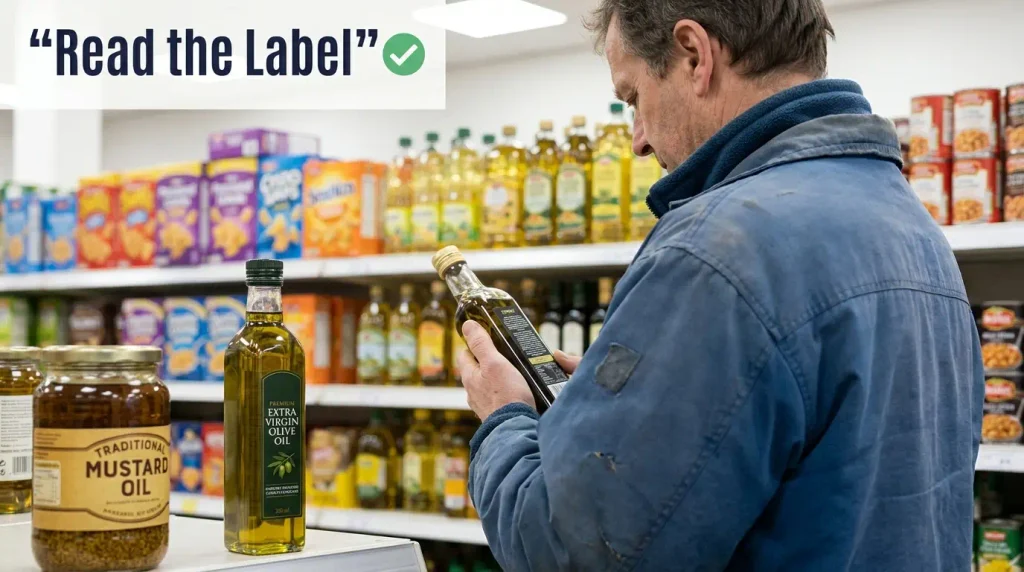Person checking food labels while choosing olive oil for anti inflammatory shopping list
