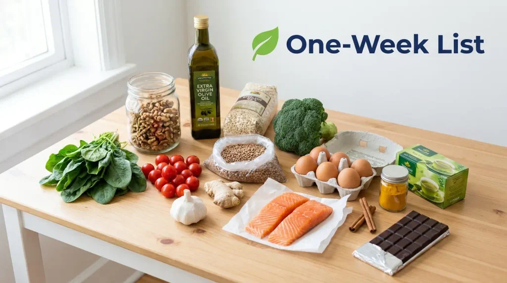Complete sample one-week anti inflammatory grocery list with produce, fish, eggs, nuts and pantry staples

