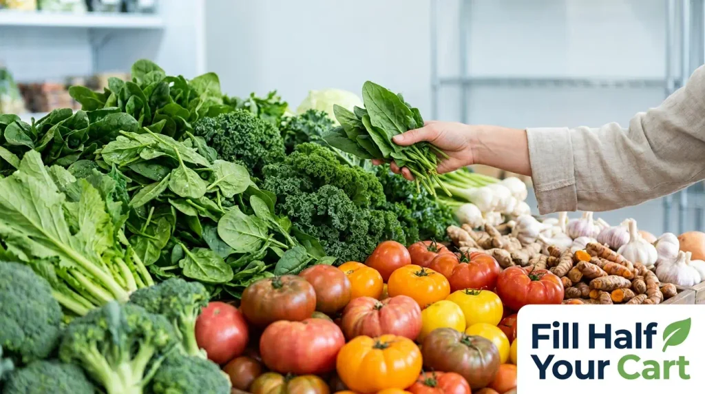 Fresh leafy greens, tomatoes, broccoli, garlic and ginger displayed for anti-inflammatory grocery shopping 