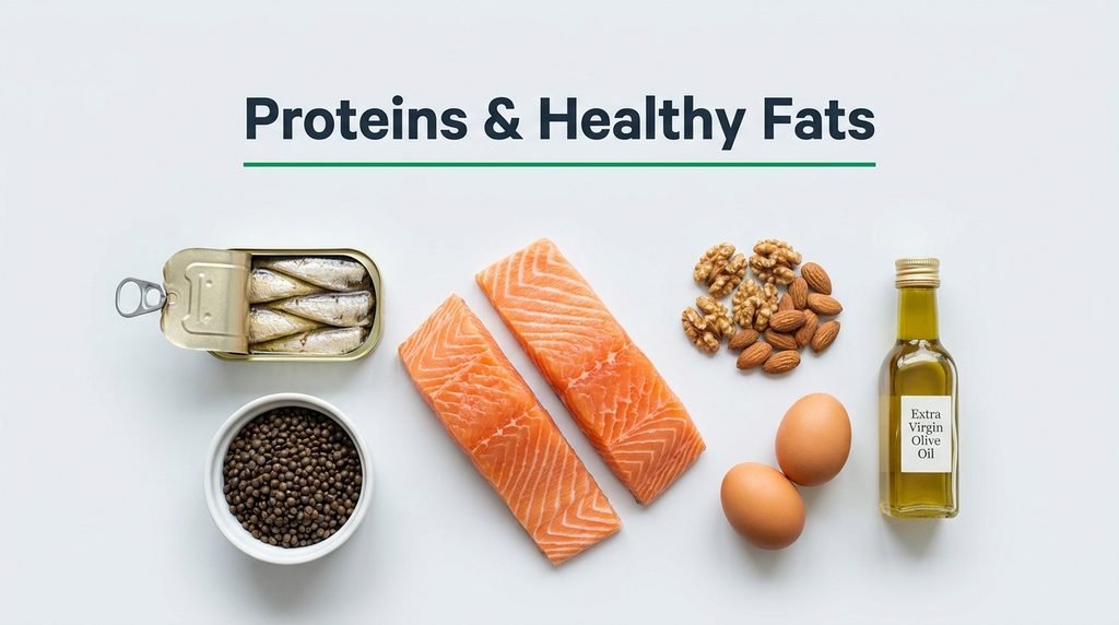 Arrangement of fatty fish, lentils, nuts, eggs and olive oil for an anti inflammatory grocery list 