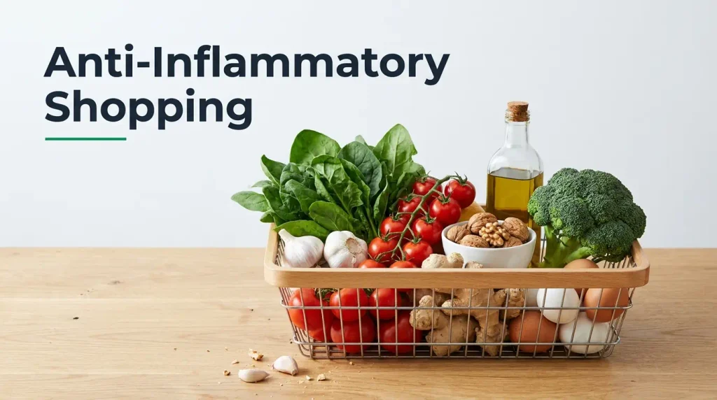 Overhead view of a grocery cart filled with fresh produce, olive oil, and nuts for anti inflammatory shopping list on a light background 

