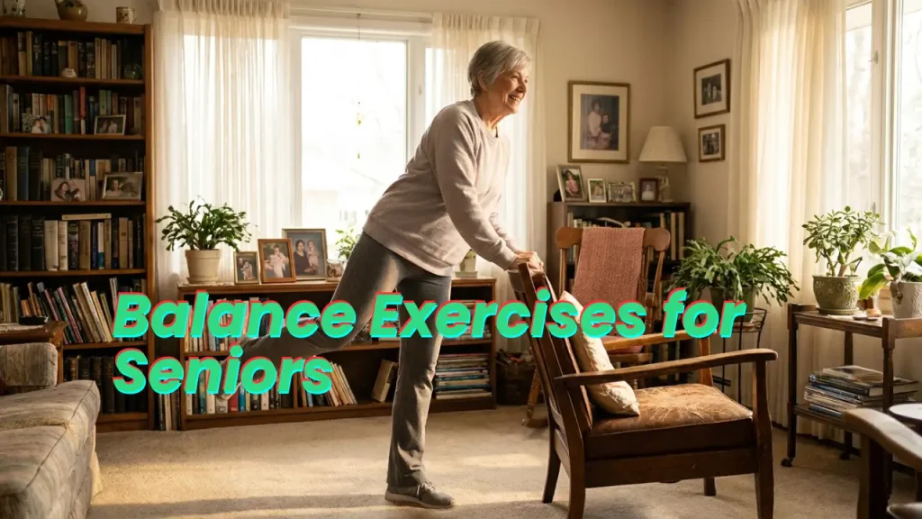 Senior woman practicing balance exercises for seniors using a chair for support in her living room