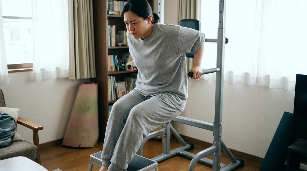 Beginner practicing assisted dips as part of a power tower workout for beginners