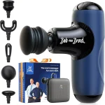 Bob and Brad Q2 Mini massage gun with five interchangeable attachment heads laid out beside the device