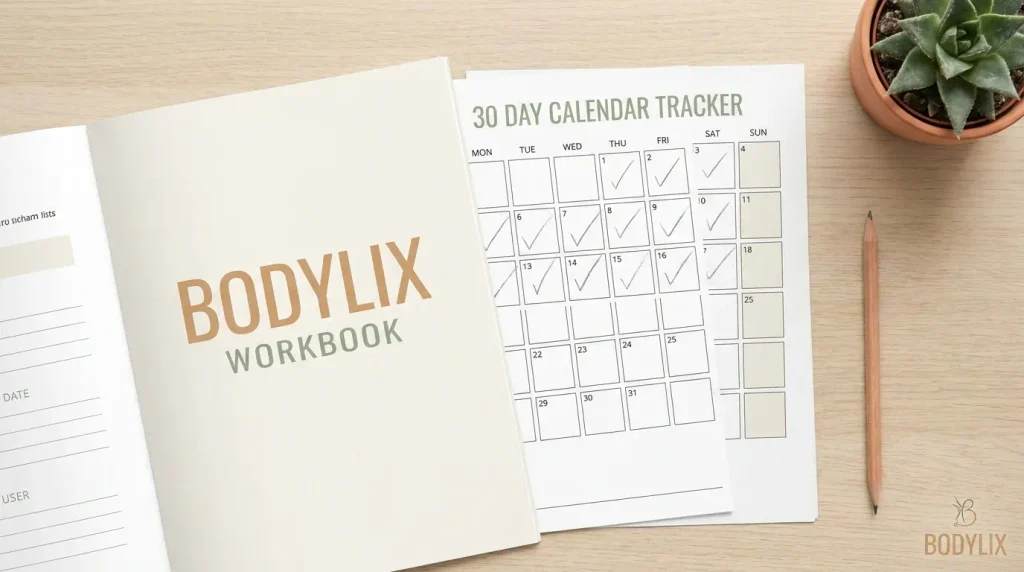Printable Bodylix habit tracker and 30-day calendar workbook flat-lay