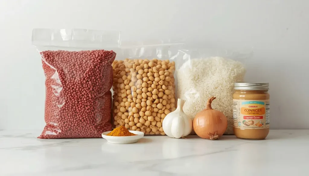 Cheap vegetarian pantry staples including lentils, rice, chickpeas, and spices