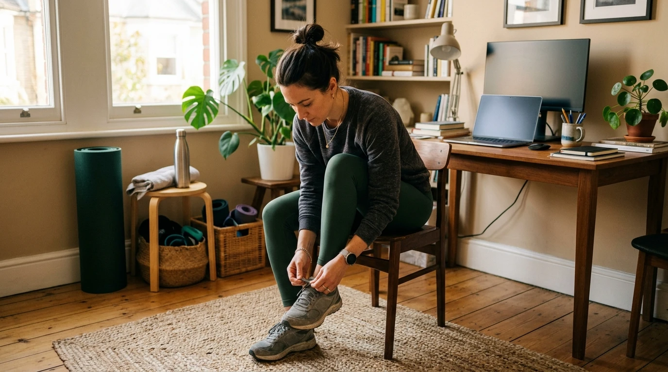 Person tying running shoes next to a desk and a rolled-up yoga mat