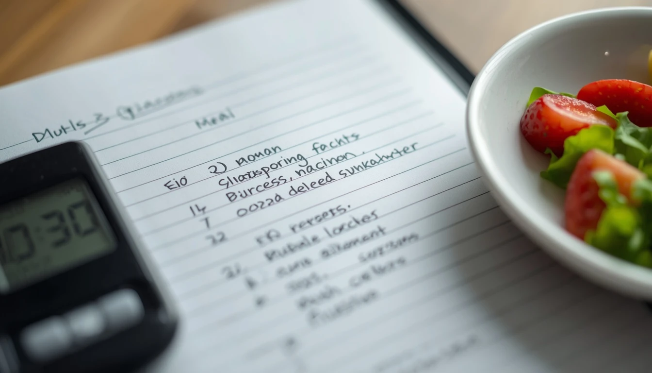 Notebook logging meals and blood glucose readings beside a glucose meter and a healthy lunch