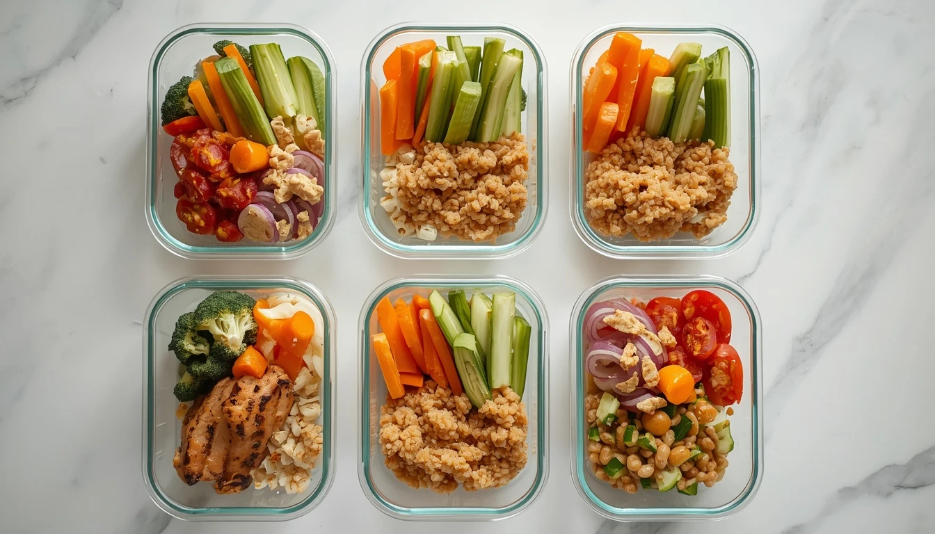 Seven days of simple diabetic meal prep in glass containers with vegetables, protein and whole grains