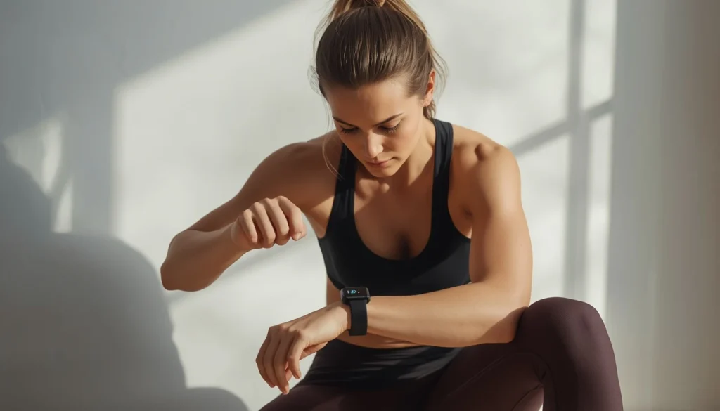 Athlete checking heart rate variability training data on a wrist wearable in the morning