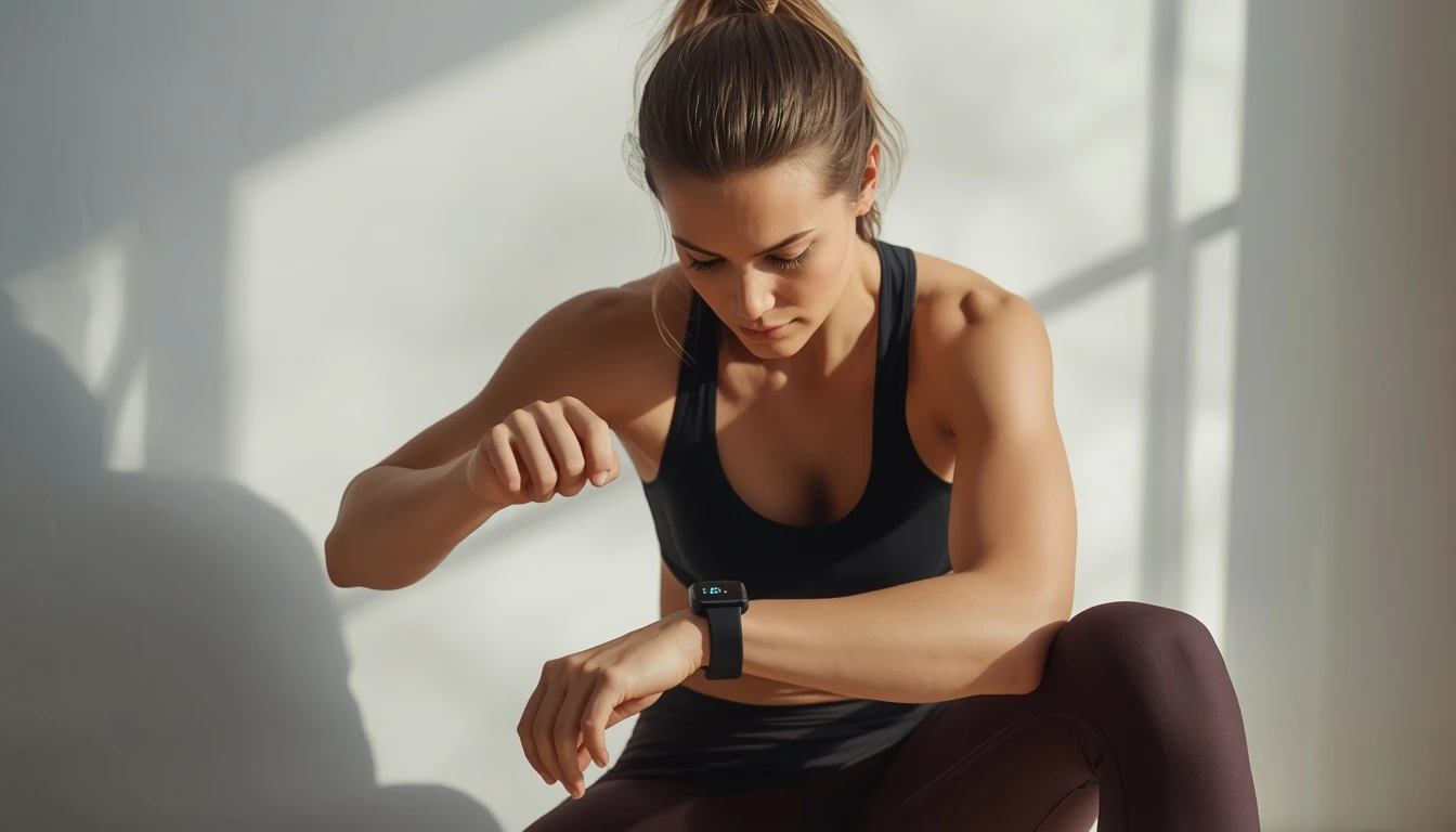 Athlete checking heart rate variability training data on a wrist wearable in the morning