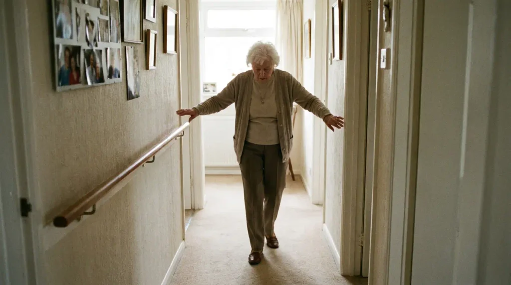 Senior practicing the heel-to-toe walk, a core balance exercise for seniors to prevent falls