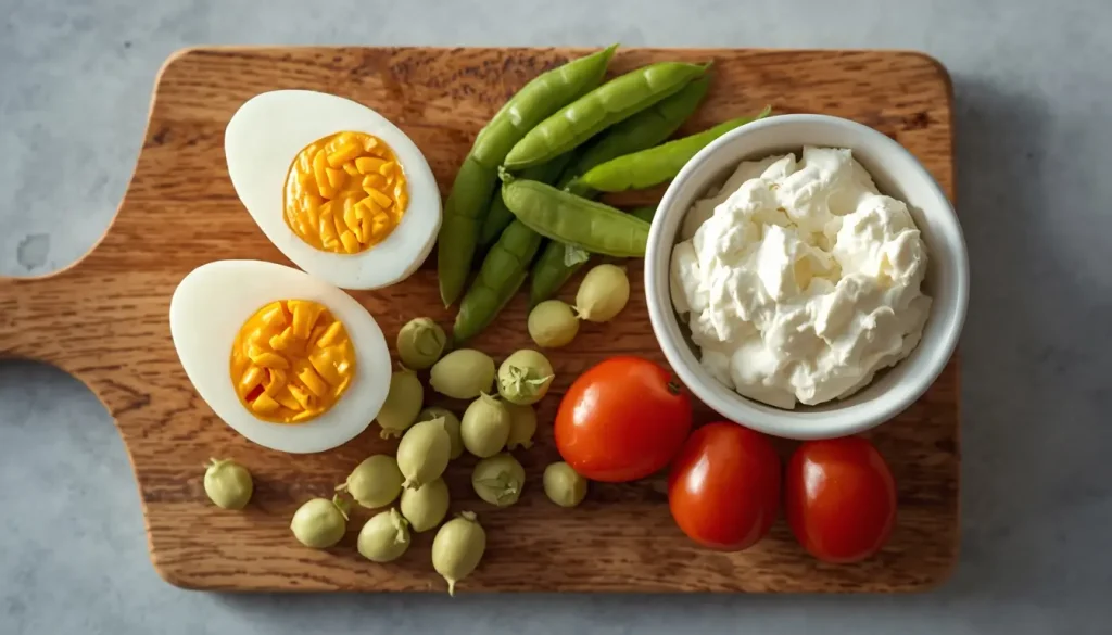 A spread of high protein low calorie snacks including eggs and cottage cheese