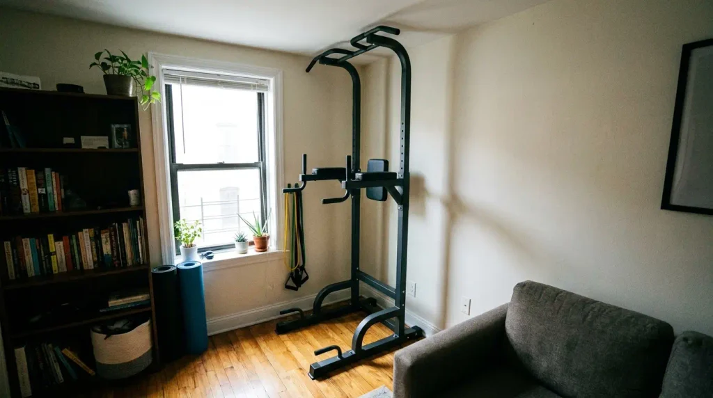 Home gym power tower set up in a small apartment corner
